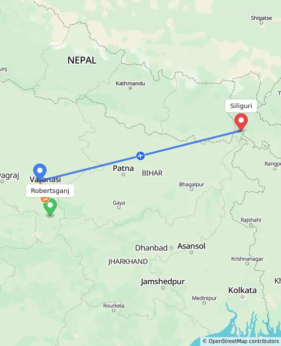 Route map showing distance and travel time from Robertsganj, India to Siliguri, India