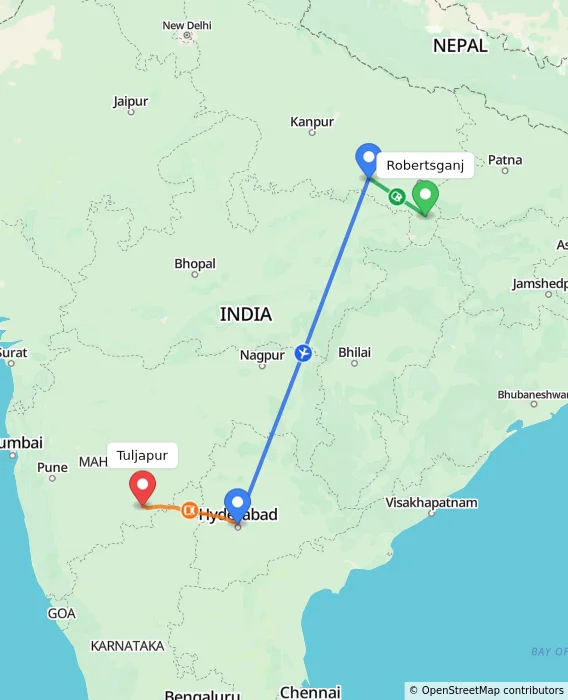 Route map showing distance and travel time from Robertsganj, India to Tuljapur, India