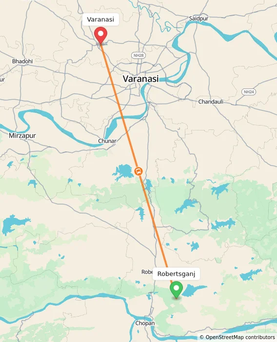 Route map showing distance and travel time from Robertsganj, India to Varanasi, India