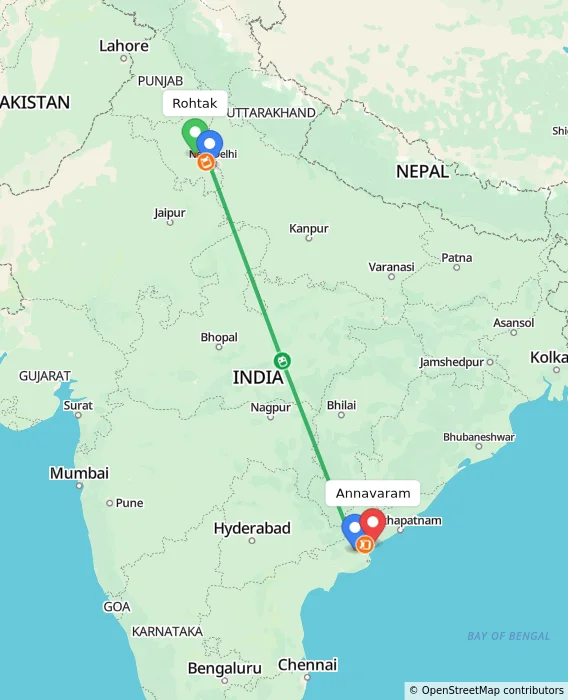 Route map showing distance and travel time from Rohtak, India to Annavaram, India