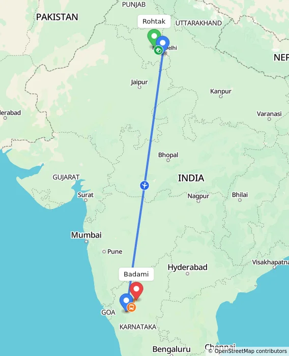 Route map showing distance and travel time from Rohtak, India to Badami, India