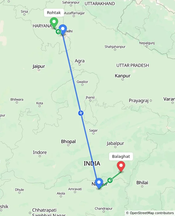 Route map showing distance and travel time from Rohtak, India to Balaghat, India