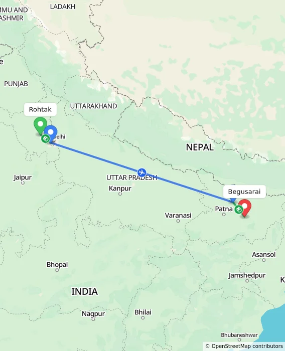 Route map showing distance and travel time from Rohtak, India to Begusarai, India