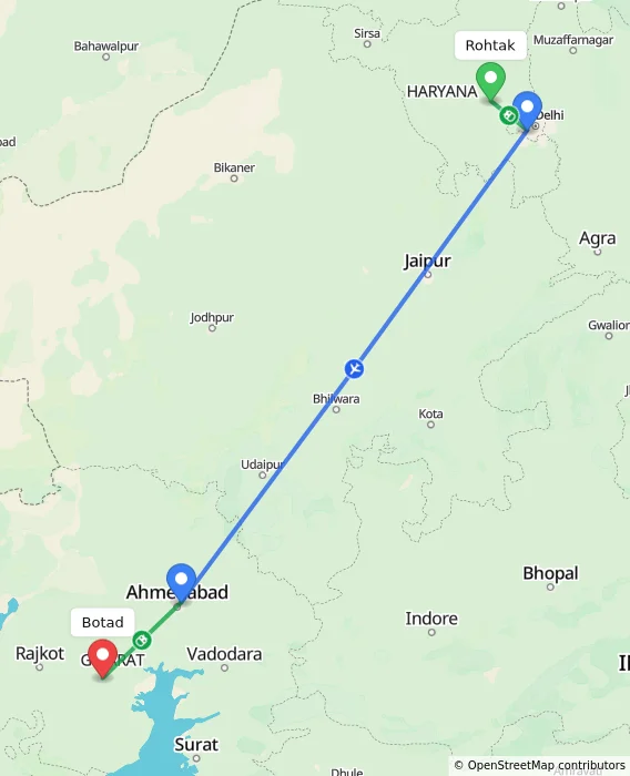 Route map showing distance and travel time from Rohtak, India to Botad, India