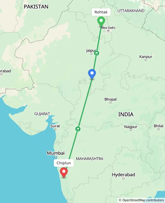 Route map showing distance and travel time from Rohtak, India to Chiplun, India