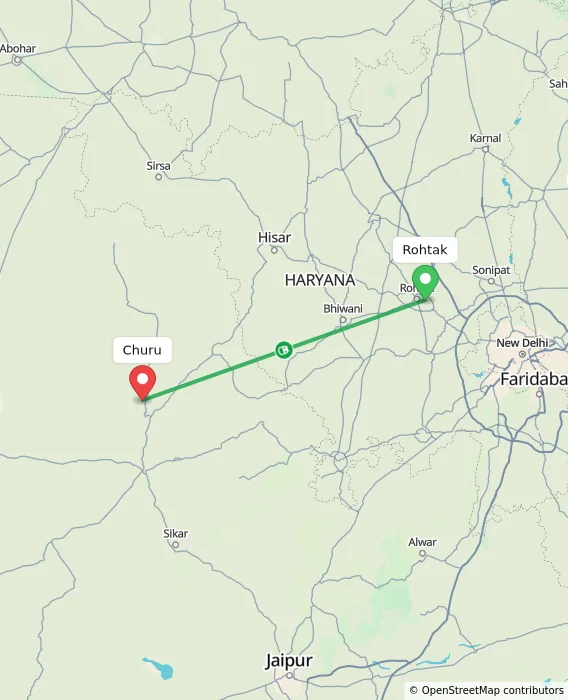 Route map showing distance and travel time from Rohtak, India to Churu, India