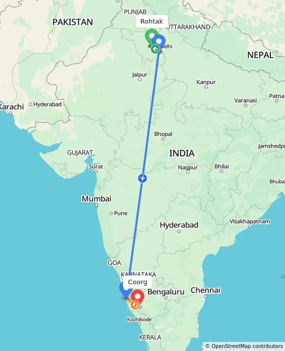 Route map showing distance and travel time from Rohtak, India to Coorg, India
