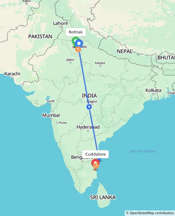 Route map showing distance and travel time from Rohtak, India to Cuddalore, India