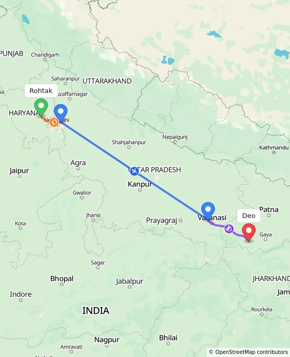 Route map showing distance and travel time from Rohtak, India to Deo, India