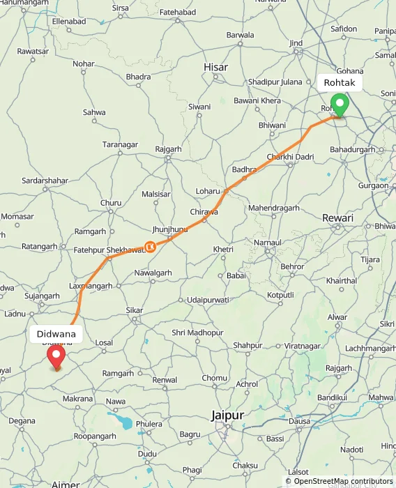 Route map showing distance and travel time from Rohtak, India to Didwana, India