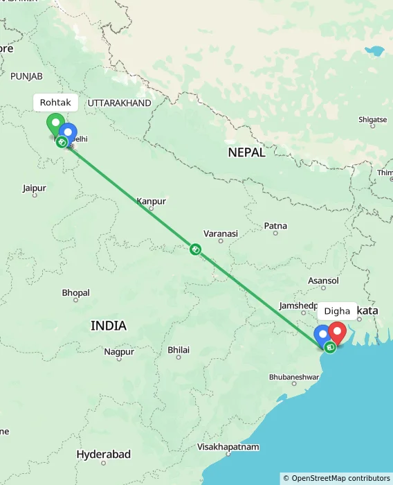 Route map showing distance and travel time from Rohtak, India to Digha, India