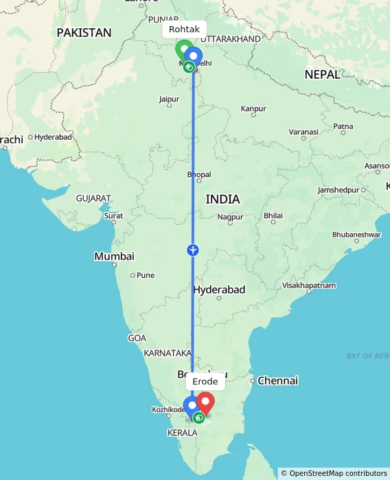 Route map showing distance and travel time from Rohtak, India to Erode, India