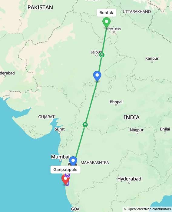 Route map showing distance and travel time from Rohtak, India to Ganpatipule, India
