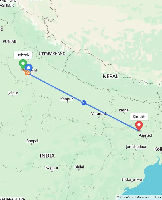 Route map showing distance and travel time from Rohtak, India to Giridih, India