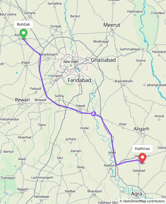 Route map showing distance and travel time from Rohtak, India to Hathras, India