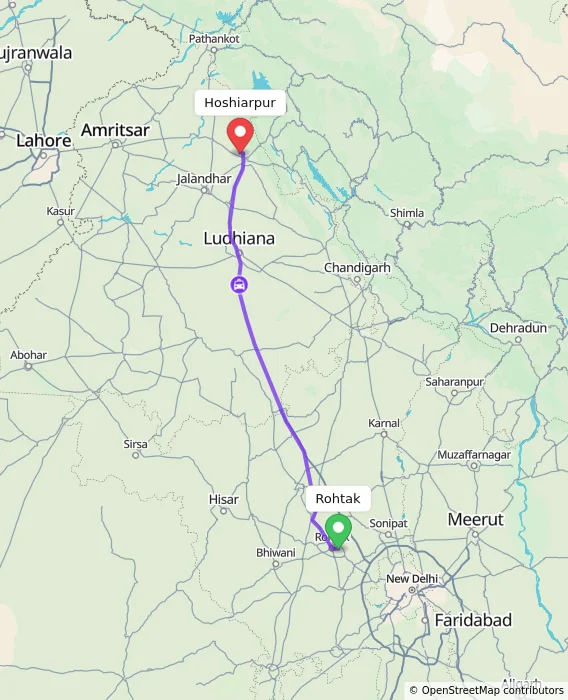 Route map showing distance and travel time from Rohtak, India to Hoshiarpur, India