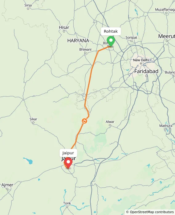 Route map showing distance and travel time from Rohtak, India to Jaipur, India