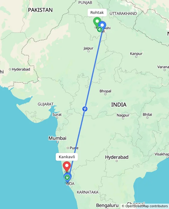 Route map showing distance and travel time from Rohtak, India to Kankavli, India