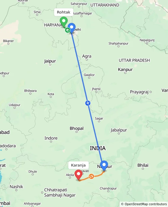 Route map showing distance and travel time from Rohtak, India to Karanja, India