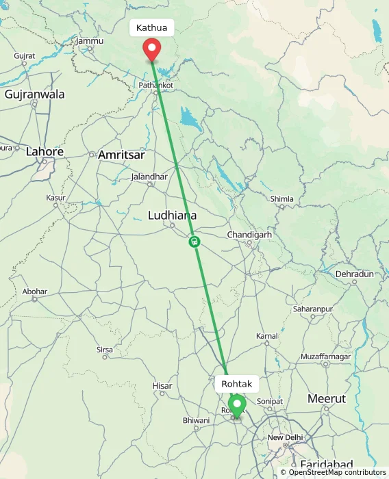 Route map showing distance and travel time from Rohtak, India to Kathua, India