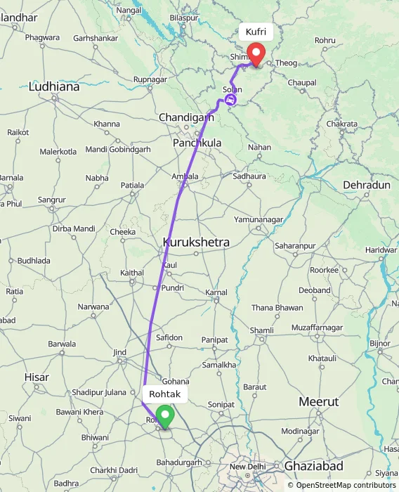 Route map showing distance and travel time from Rohtak, India to Kufri, India