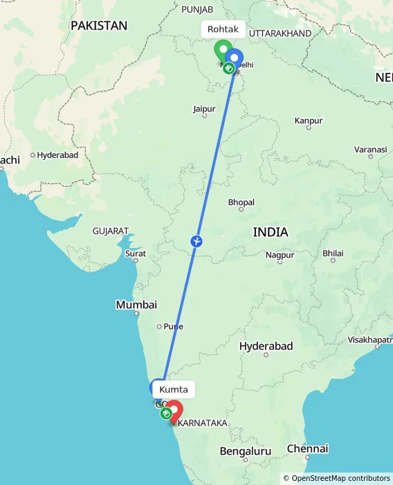 Route map showing distance and travel time from Rohtak, India to Kumta, India