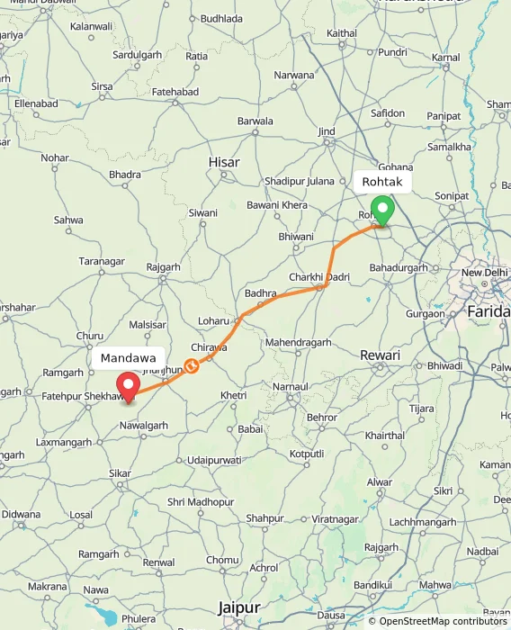 Route map showing distance and travel time from Rohtak, India to Mandawa, India