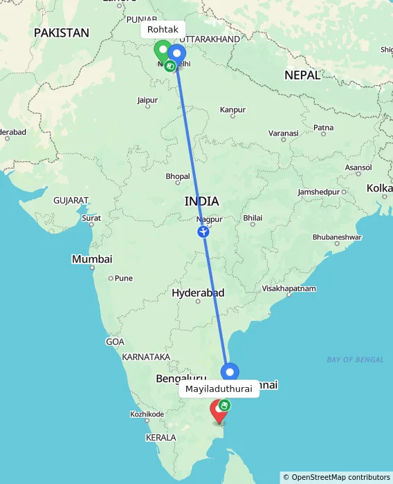 Route map showing distance and travel time from Rohtak, India to Mayiladuthurai, India