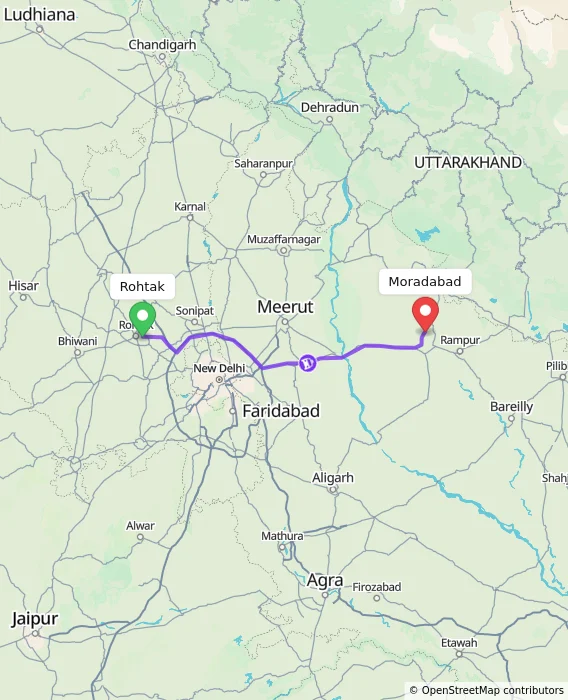 Route map showing distance and travel time from Rohtak, India to Moradabad, India
