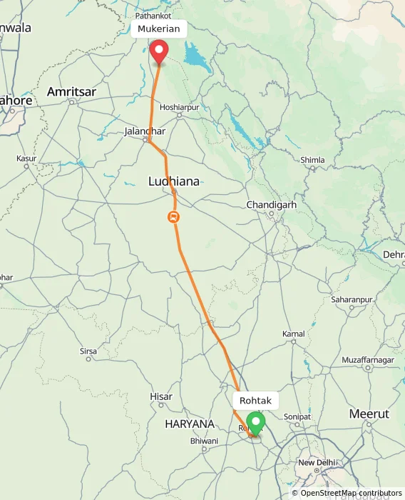Route map showing distance and travel time from Rohtak, India to Mukerian, India
