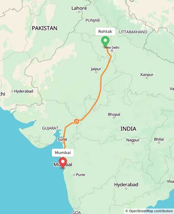 Route map showing distance and travel time from Rohtak, India to Mumbai, India