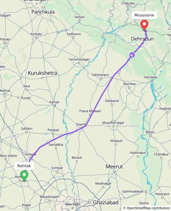 Route map showing distance and travel time from Rohtak, India to Mussoorie, India