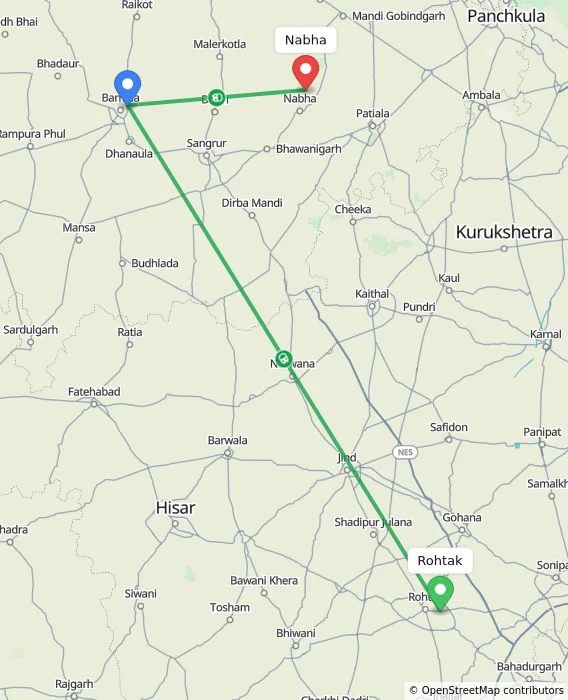 Route map showing distance and travel time from Rohtak, India to Nabha, India