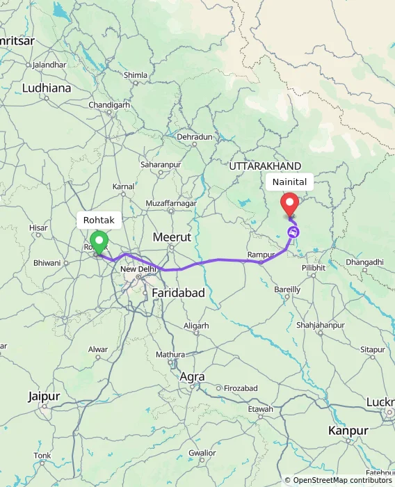 Route map showing distance and travel time from Rohtak, India to Nainital, India
