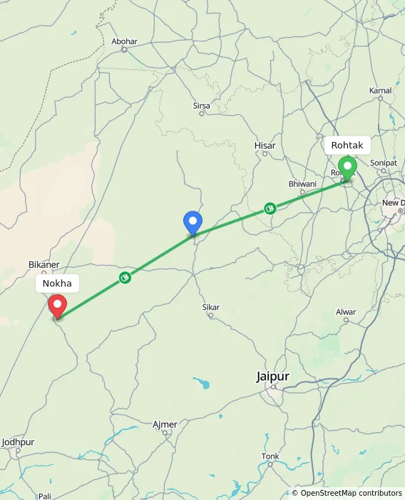 Route map showing distance and travel time from Rohtak, India to Nokha, India