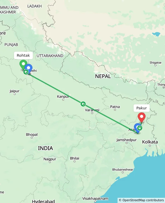 Route map showing distance and travel time from Rohtak, India to Pakur, India