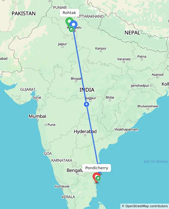Route map showing distance and travel time from Rohtak, India to Pondicherry, India