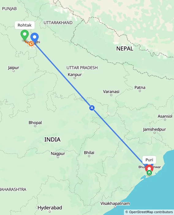 Route map showing distance and travel time from Rohtak, India to Puri, India