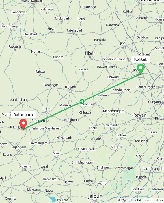 Route map showing distance and travel time from Rohtak, India to Ratangarh, India