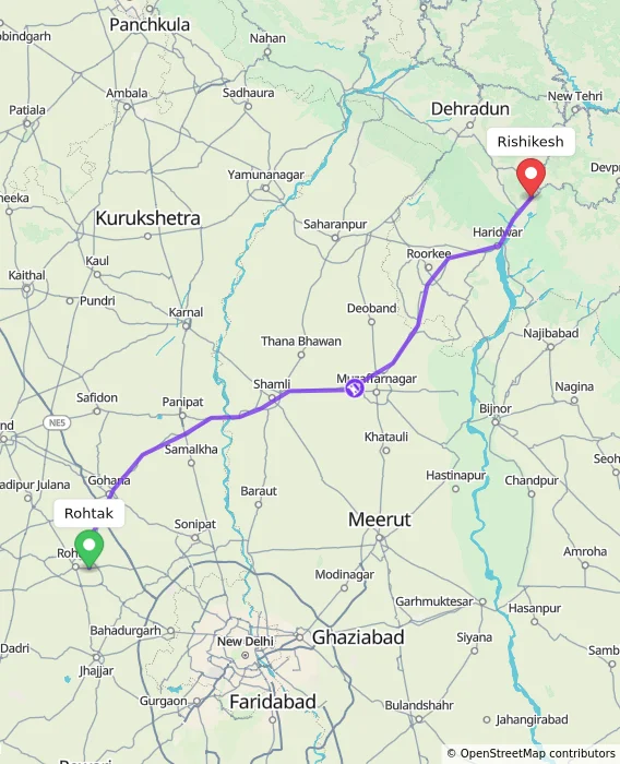 Route map showing distance and travel time from Rohtak, India to Rishikesh, India