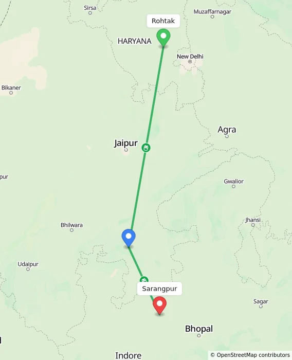 Route map showing distance and travel time from Rohtak, India to Sarangpur, India