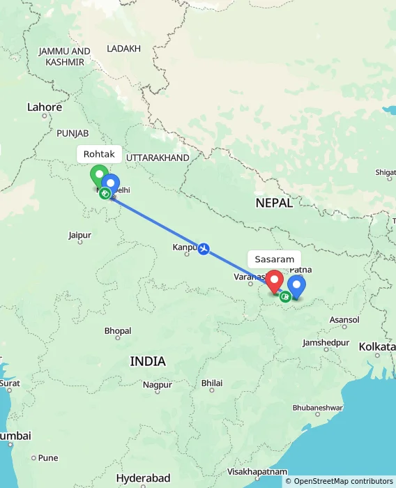 Route map showing distance and travel time from Rohtak, India to Sasaram, India