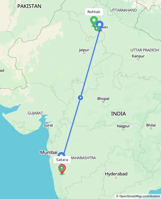 Route map showing distance and travel time from Rohtak, India to Satara, India