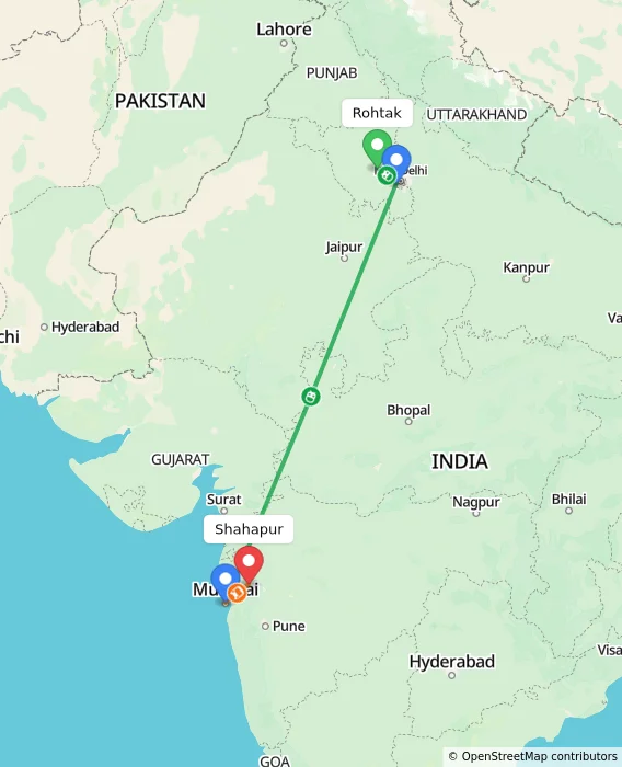 Route map showing distance and travel time from Rohtak, India to Shahapur, India