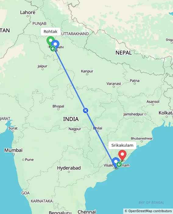 Route map showing distance and travel time from Rohtak, India to Srikakulam, India
