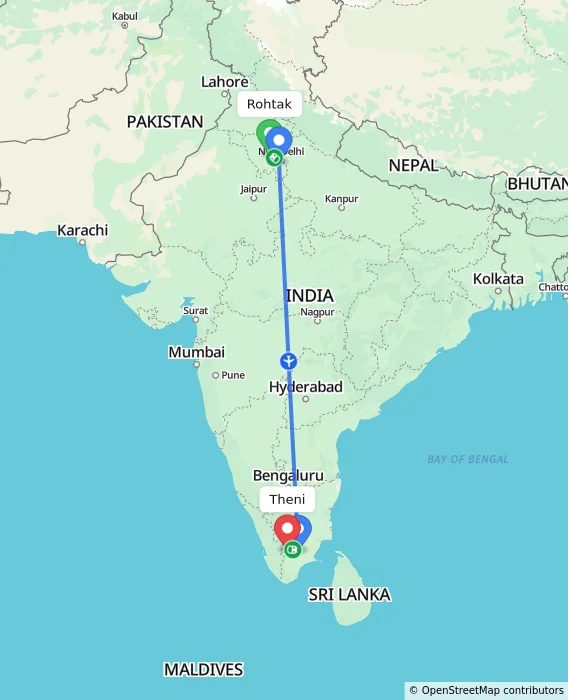 Route map showing distance and travel time from Rohtak, India to Theni, India