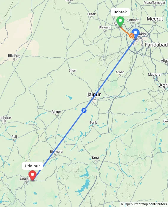 Route map showing distance and travel time from Rohtak, India to Udaipur, India