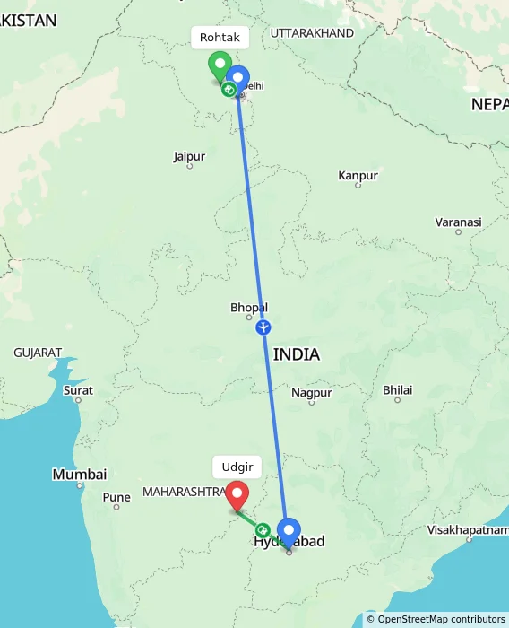 Route map showing distance and travel time from Rohtak, India to Udgir, India