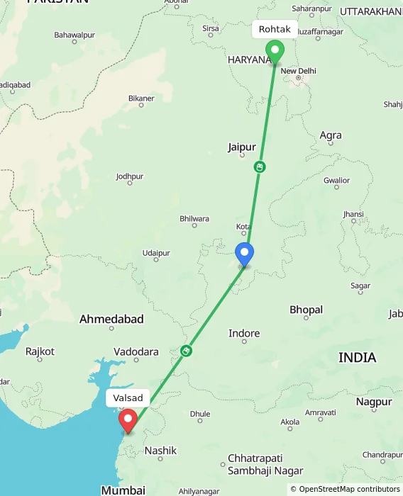 Route map showing distance and travel time from Rohtak, India to Valsad, India