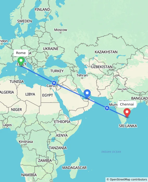 Route map showing distance and travel time from Rome, Italy to Chennai, India
